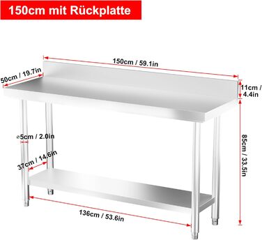 Робочий стіл з нержавіючої сталі UISEBRT з підніжкою, Кухонний стіл з нержавіючої сталі з регульованими ніжками, Кухонний стіл/розбірний стіл з дуже великою нижньою полицею, 150 x 50 x 85 см, з підніжкою