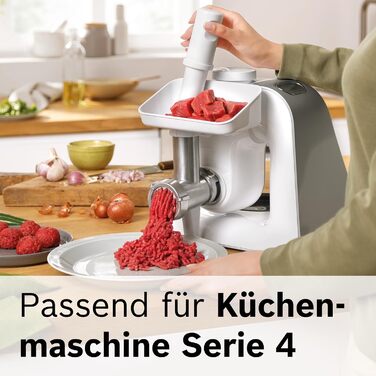 М'ясорубка Bosch MUZ5FW1, насадка для кухонних комбайнів серії 4, з штовхачем та перфорованим диском із нержавіючої сталі 4,5 мм, для м'яса, риби та овочів, легке очищення