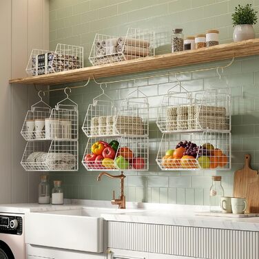 Металева підвісна полиця, 6 ярусів, штабелюваний органайзер для шафи, міцна та компактна підвісна полиця, ідеально підходить для студентських гуртожитків та кемперів, білий колір