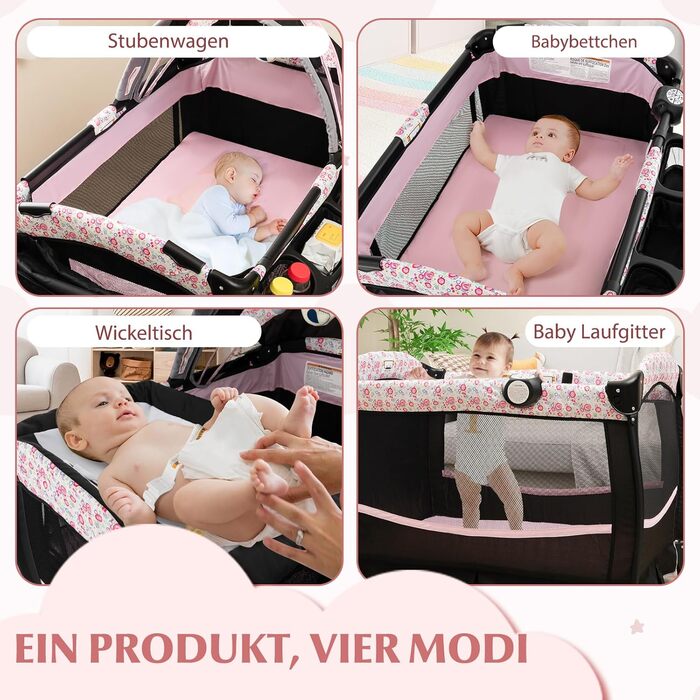 Дорожнє ліжечко 4-в-1 з матрацом, дитяче ліжечко 102 x 73 см з колесами, пеленальний килимок та колиска, складне приліжкове ліжечко для дітей 0-36 місяців та вагою до 15 кг (рожеві квіти)