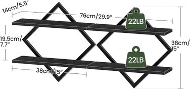 Настінна полиця, комплект з 2 шт., плаваюча полиця, 2-рівневі підвісні полиці, для вітальні, спальні, кухні, офісу, чорна DTBJ01P2BB 2 Чорний