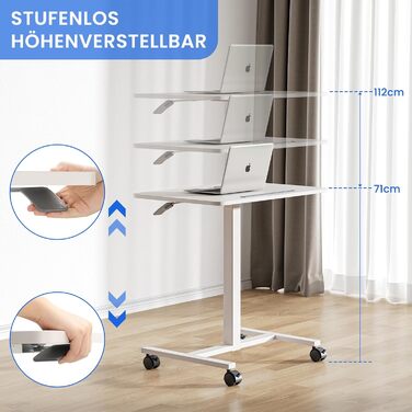 Комп&39ютерний стіл Dripex з регульованою висотою та коліщатками, невеликий стіл, мобільний стіл для роботи стоячи, тумбочка біля ліжка, бічний столик для вітальні, комп&39ютерний стіл для роботи сидячи та стоячи, білий, 48 x 72 x 112 см