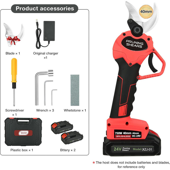 Бездротові електричні секатори 40 мм Електричні секатори з 2 акумуляторами ємністю 3000 мАг, SK5 із запобіжним блокуванням, підходять для садів, гілок та клумб (червоні)