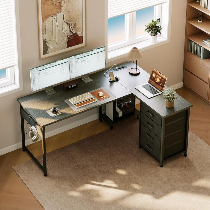 Кутовий письмовий стіл ODK з 4 шухлядами, 135100 см, L-подібний стіл з розеткою та портом зарядки USB, двосторонній стіл з місцем для зберігання для домашнього офісу та ігор, чорний 135 100 см