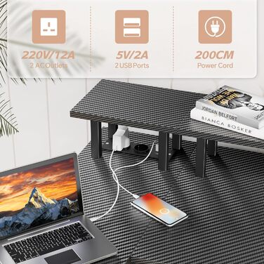 Кутовий ігровий стіл зі світлодіодним освітленням та довгою підставкою для монітора, L-подібний стіл із портом зарядки USB, розеткою та боковими кишенями, кутовий комп&39ютерний стіл для домашнього офісу, вуглецеве волокно