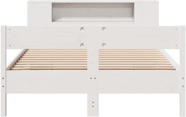 Ліжко з масиву дерева Hommdiy з полицею (матрац не входить до комплекту), дерев&39яний каркас ліжка з рейковою основою та узголів&39ям, ліжко для спальні, біле, 120 x 200 см.