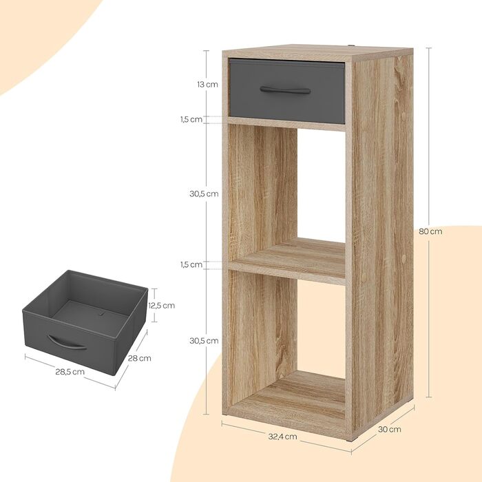 Книжкова полиця WOLTU на 3 рівні, окремостояча полиця з 1 шухлядою для тканини та 2 кубами, відкрита полиця, невелика полиця для зберігання, для вітальні, спальні, дитячої кімнати, 32,4 x 80 x 30 см, світлий дуб, SK055hei