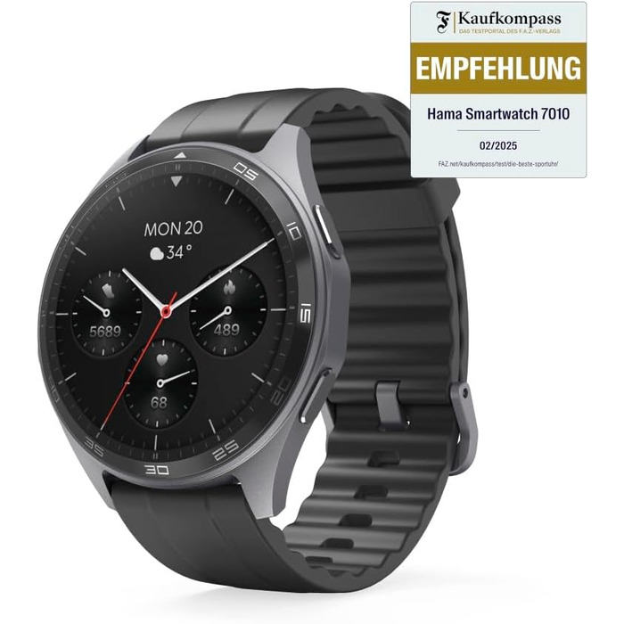 Розумний годинник Hama (кольоровий AMOLED-дисплей 1,43 дюйма, GPS, функція телефону, водонепроникний, WhatsApp, голосовий помічник, трекер сну, 110 спортивних режимів плани тренувань, крокомір, пульсометр, калорії тощо) чорний