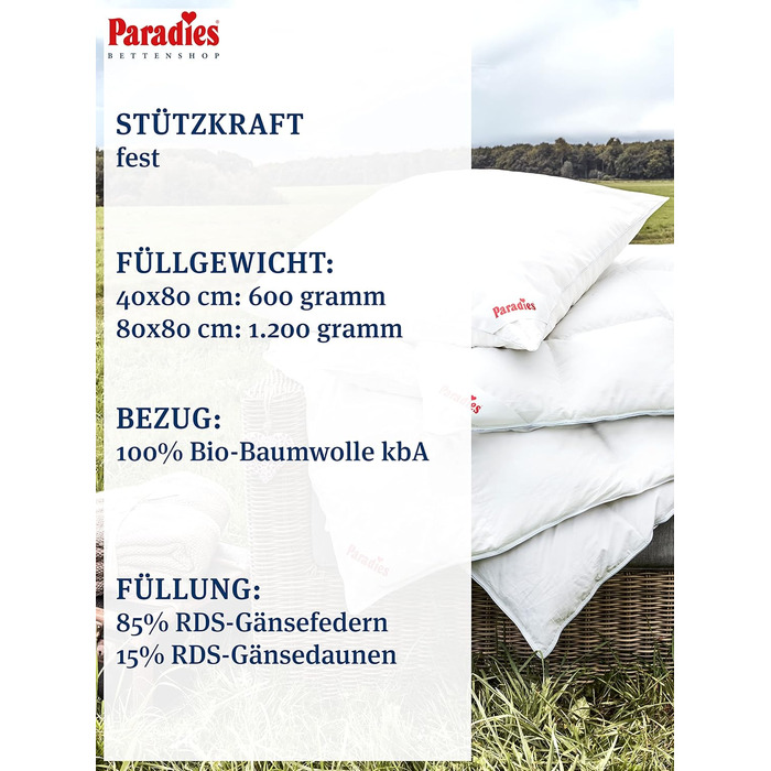 Пухова подушка PARADIES 80x80 см - 1200 г - Cleo Firm Organic - Жорстка подушка 80x80 см з гусячим пір&39ям та пухом, сертифікованими RDS, 80 x 80 см, висока підтримка