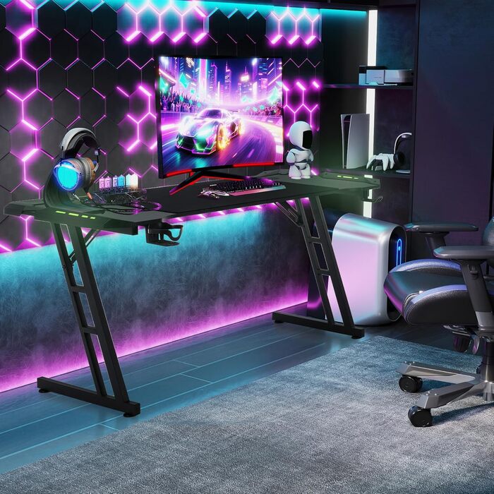 Ігровий стіл AufuN 120 x 60 см, ігровий стіл зі світлодіодним підсвічуванням, гачком для навушників та підставкою для чашки, міцний комп&39ютерний стіл, стіл для роботи стоячи, робочий стіл, ігровий стіл для ПК (тип B зі світлодіодним підсвічуванням) 120 