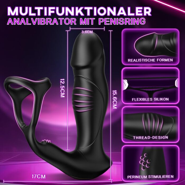 Анальний вібратор Bestvibe, з подвійним мотором, функцією поштовхів, роликовими кульками та ерекційним кільцем, чорний, силіконовий