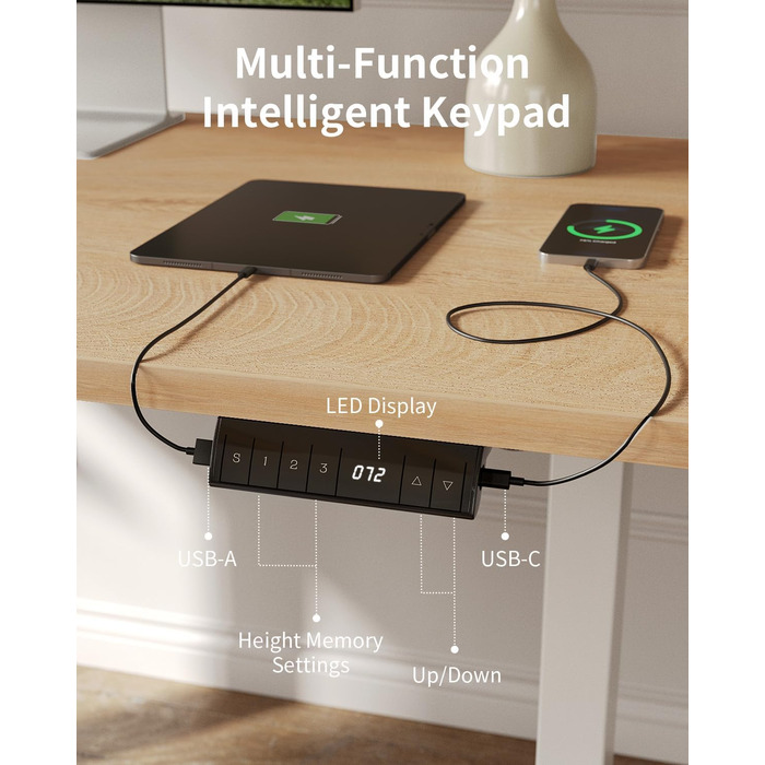 Стіл FEZIBO з регульованою висотою, цільна стільниця, 120 x 60 см, стіл з регульованою висотою та портами зарядки USB-A та USB-C, стіл для роботи сидячи та стоячи для домашнього офісу, стіл для роботи стоячи, дуб 120 x 60 см