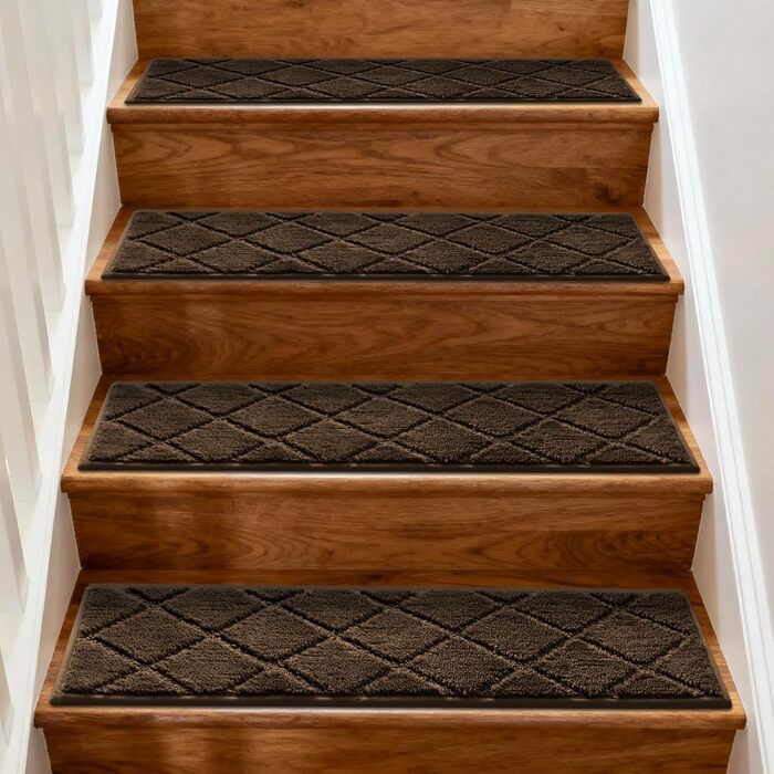 Килимки для сходів JOENIE, нековзні, для приміщень, 76,2 x 20,3 см, доріжки для дерев&39яних сходів, окантовка, килимки для сходів для дітей та собак, 100 поліестер, основа TPR (коричневі, 12 шт. ) коричневі 12 шт.