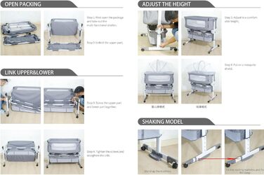 Дитяче ліжечко homewell Baby Bed Crib, дитяче ліжко та колиска 2 в 1, пружинне ліжко Baby Box, дитяче ліжко з колесами, москітна сітка, сумка для зберігання та матрац, регульована висота (модель 1 сірого кольору)