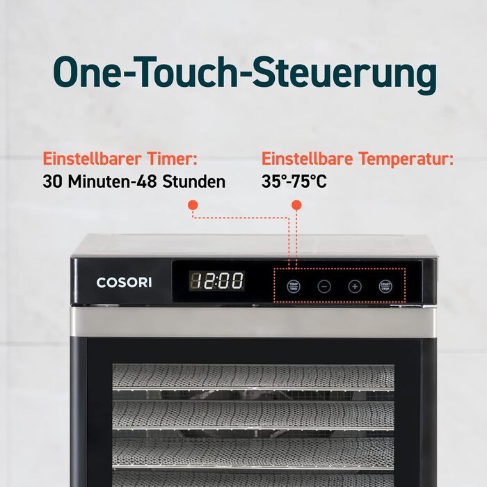 Дегідратор COSORI з нержавіючої сталі, дегідратор їжі з 50 рецептами, в т.ч. 6 лотків для дегідраторів з нержавіючої сталі, 3 решітки для дегідратора, 3 килимки для дегідратора, велика площа 0,6 м, таймер на 48 годин, світлодіодний дисплей (35-75C) і 650 