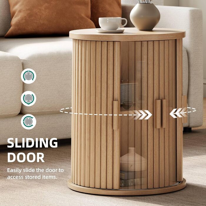 Круглий стіл YITAHOME з шафою з розсувними дверима, бічний столик з 2-ярусною полицею для зберігання для спальні, їдальні, вітальні, домашнього офісу або квартири, невеликий журнальний столик/тумбочка, світлий дуб