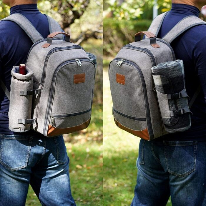 Ізольований пікніковий рюкзак HappyPicnic для 4 осіб з повним набором посуду, містким відділенням-холодильником, тримачами для пляшок та великим водонепроникним килимком для пікніка