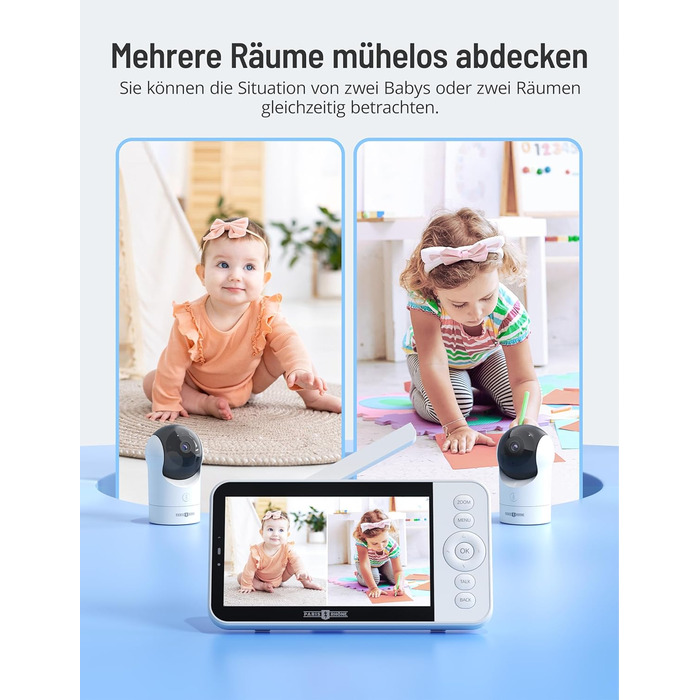 Радіоняня з 2 камерами, 5&39 WiFi Монітор з додатком, 2K UHD, нічне освітлення, виявлення руху/крику, моніторинг температури та во