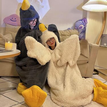 Великий портативний плед Білий гусак кумедний комбінезон з капюшоном для пар, товстий кораловий фліс, гігантський спальний мішок, костюм для косплею, затишний одяг для сну, зима, тепла, піжами, нічна білизна, білий 42