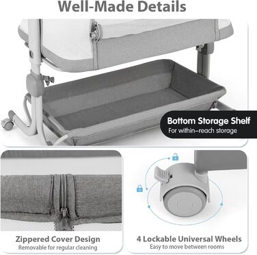 Дитяче ліжечко LIFEZEAL, 6-рівневе регулювання висоти, дитяче ліжко з матрацом та колесами, портативне дорожнє ліжечко для дітей 0-6 місяців, колиска з кошиком для зберігання (світло-сірий)