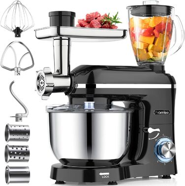 Кухонний комбайн Homlee 3 в 1 Багатофункціональна тістомісильна машина 1800 Вт 6-рівневий блендер, з м'ясорубкою, соковижималкою 1,5 л, чашею з нержавіючої сталі 5,5 л Тістоміс чорний