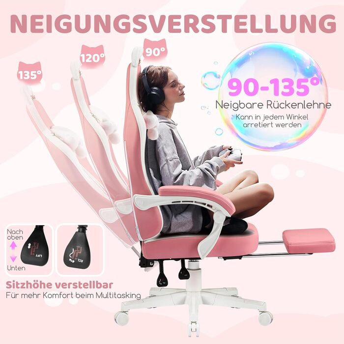 Миле ігрове крісло Hellove з котячими вушками, ергономічне комп&39ютерне крісло з високою спинкою та поперековою опорою, ігрове крісло з підставкою для ніг для дівчаток, підлітків, дітей, шкіра синтетична, рожево-біле