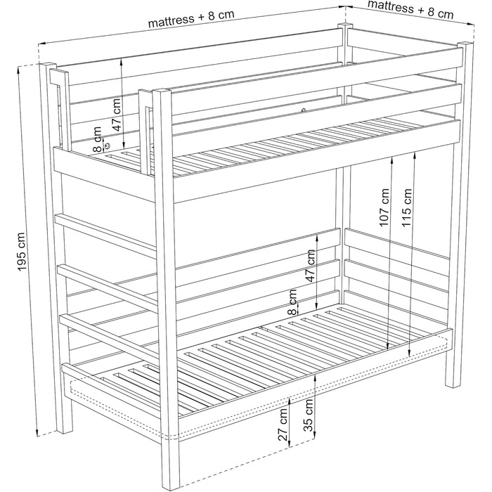 Двоярусне ліжко N-wood N03, дитяче ліжко 120х180 см, для 2 дітей, 2 сторони для складання сходів Ліва або права, Безпечні закругле