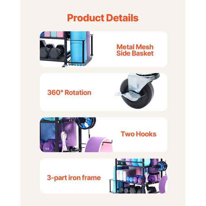 Стійка для зберігання домашніх гімнастик VEVOR, підставка для зберігання, тримач для килимка для йоги, стійка для килимка для йоги з колесами та гачками, стійка для штанги та важкої атлетики для домашнього фітнес-обладнання, 41 x 16 x 35 дюймів