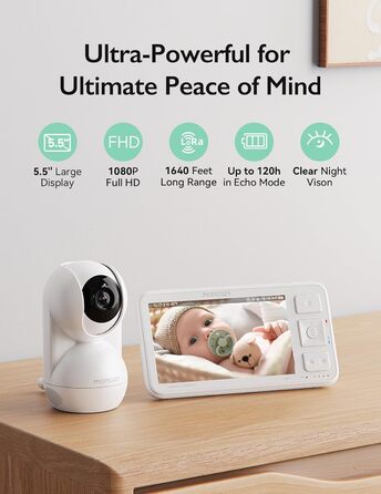 Відеоняня Momcozy, 5,5-дюймовий 1080P Full HD радіоняня з камерою без Wi-Fi, інфрачервоне нічне бачення 5800 мАг акумулятор на 120