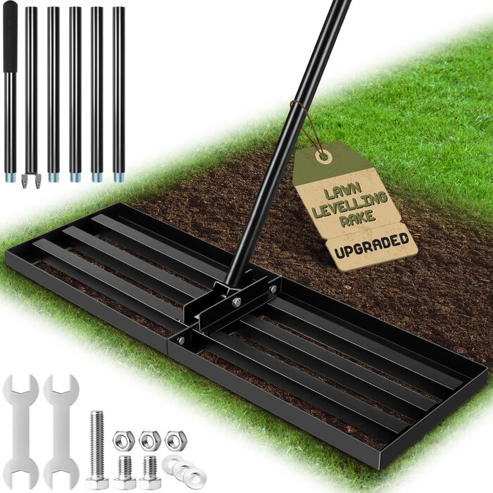 Гребінь для вирівнювання газону з нержавіючої сталі 76x25 см, з ергономічною регульованою ручкою 194 см, для видалення сміття, піску та вирівнювання газону в саду, на гольф-полі та подвірї