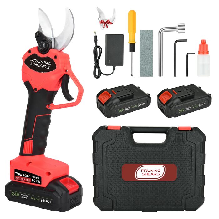 Бездротові електричні секатори 40 мм Електричні секатори з 2 акумуляторами ємністю 3000 мАг, SK5 із запобіжним блокуванням, підходять для садів, гілок та клумб (червоні)