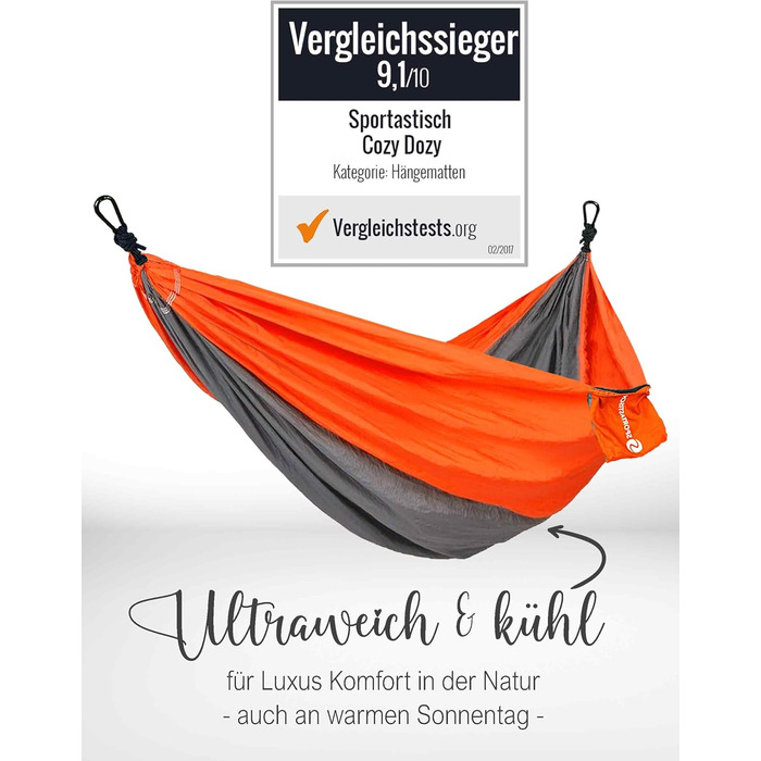 Гамак SPORTASTISCH Відкритий Ультралегкий туристичний гамак 'Cozy Dozy для 2 осіб Діти до 300 кг Парашут нейлоновий дихаючий (275x140см) Помаранчевий Антрацит