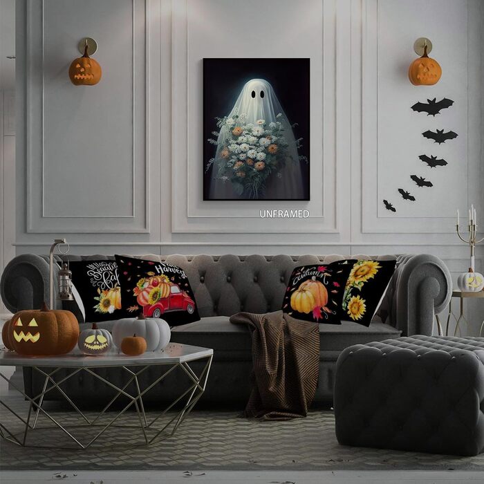 Хелловін привид полотно мистецтво, смішні, милі привиди з квітами плакат, темна академія, моторошна прикраса кімнати, естетичний,
