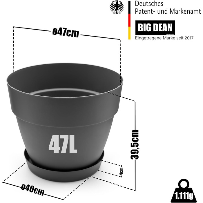 Горщик для квітів з блюдцем круглий ø47 см в антрацитовому кольорі - кашпо підходить для внутрішнього та зовнішнього використання