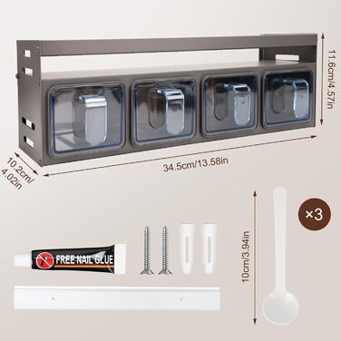 Підставка для спецій з банками для спецій, окремостояча та настінна підставка для спецій, банки для спецій з полицею, підвісна підставка для спецій (не потребує свердління) з 4 коробками для спецій, тонкий металевий органайзер для спецій на кухонну стільн