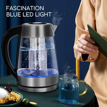 Скляний чайник Aigostar з регулюванням температури 1,7 л, чайник 2-в-1 з ситечком з нержавіючої сталі, вибір температури 60-100C,