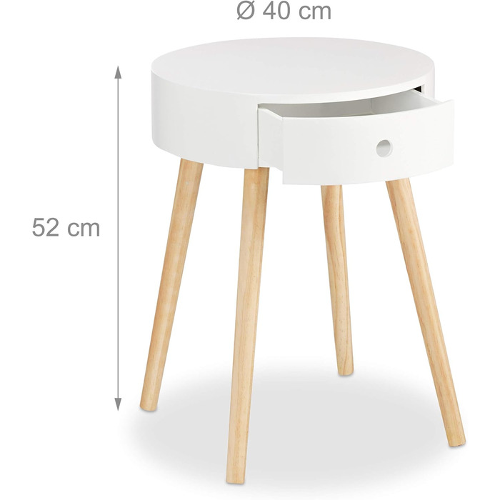 Круглий журнальний столик Relaxdays з шухлядою, скандинавський дизайн, журнальний столик або тумбочка біля ліжка, В x Ø 52 x 40 см, дерево, білий