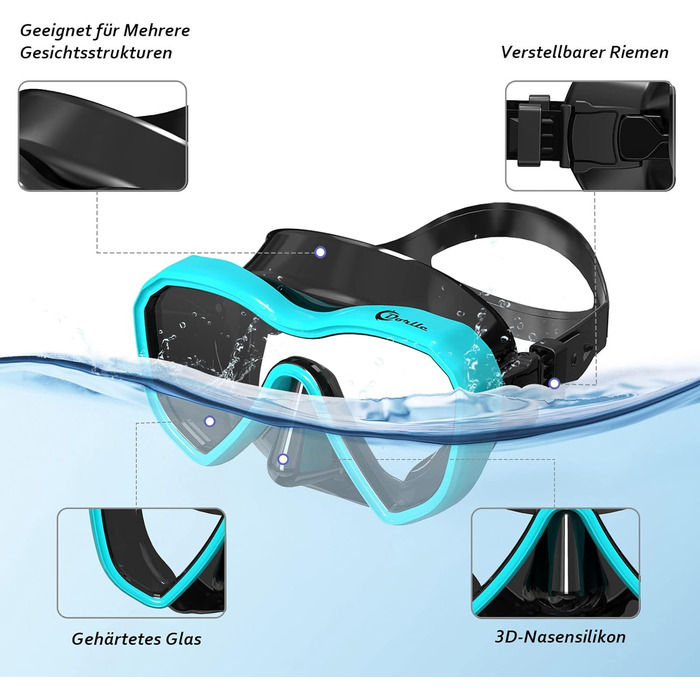 Набір для сноркелінгу, вдосконалена панорамна маска для сноркелінгу, водонепроникна маска для дайвінгу, захист від запотівання, загартоване скло із захистом від протікання, з 3-канальним преміальним сухим сноркелем для дорослих, водяно-зелений