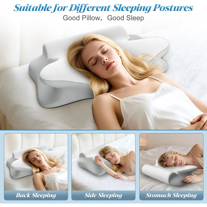 Подушка для шиї, подушка з піни з ефектом пам&39яті, ергономічна ортопедична подушка для голови, подушка з в&39язкопружної піни для сну на боці, на спині та на животі, подушка для підтримки шиї, подушка з піни з ефектом пам&39яті, 60x38x12 см