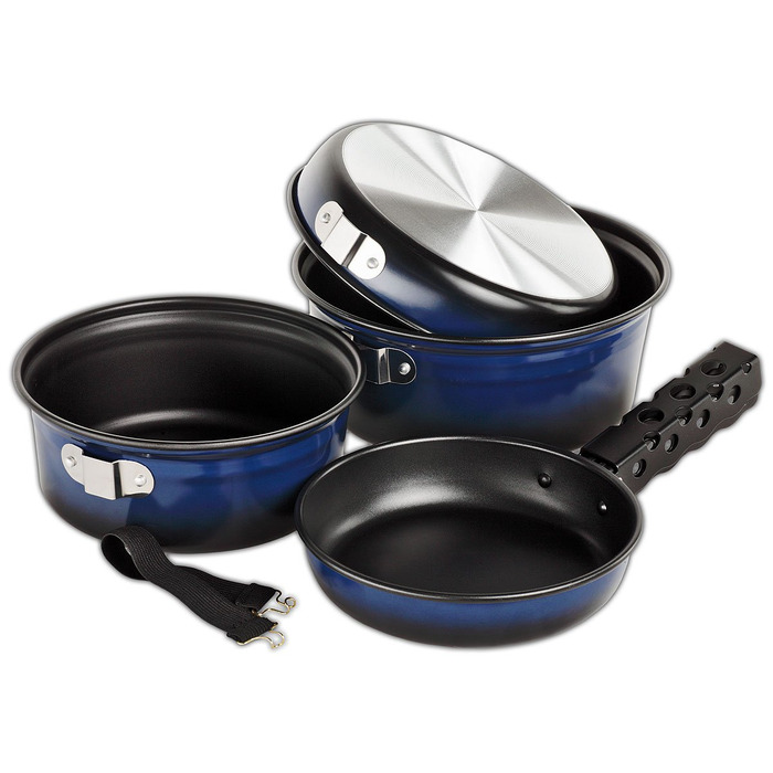 Набір посуду для кемпінгу BLACK CREVICE I Алюмінієвий посуд з антипригарним покриттям I Похідний набір посуду I 2 каструлі та 2 сковороди I Комплект включає сітчасту сумку