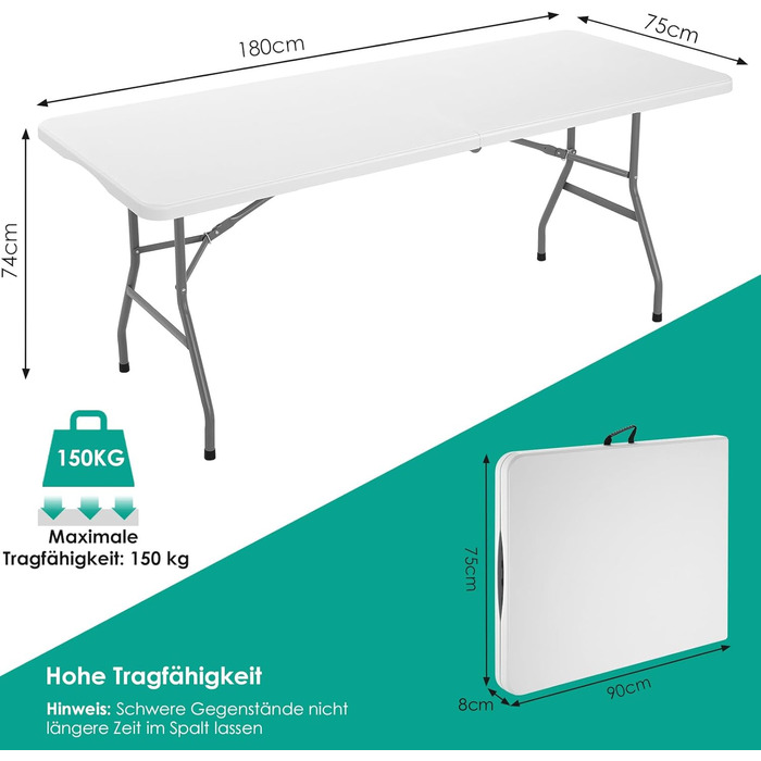 Складаний фуршетний стіл LIFERUN, водонепроникний, 180x75 см, садовий стіл зі стільницею з HDPE, складний пластиковий стіл з ручкою для перенесення, кемпінговий стіл для 10 осіб, вага до 150 кг, святковий стіл для саду, тераси, балкону, білий