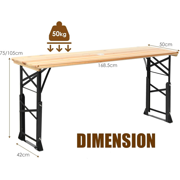 Пивний стіл KOMFOTTEU з регульованою висотою (75 см-105 см), складаний стіл-намет для пива з отвором для парасольки, стіл для пікніка, розкладний стіл, фуршетний стіл для саду, вечірки, 168,5 x 50 см (Д x Ш)