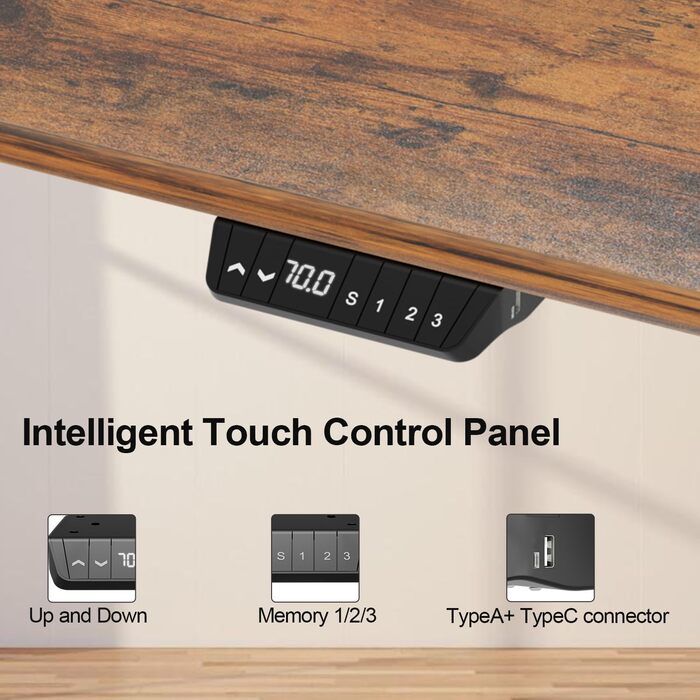 Стіл з регулюванням висоти 140 x 60 x (70-115) см, електричний стіл з регульованою висотою та портом зарядки USB-A/C, функцією пам&39яті, захистом від зіткнень, зрощеною стільницею, вінтажно-коричневий, з портом зарядки USB-A/C, килимками для миші, гачкам