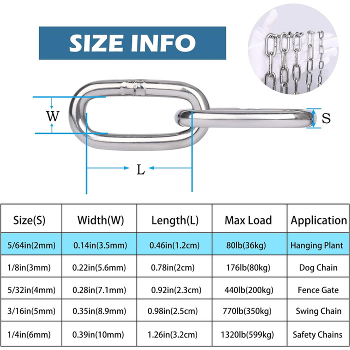 Подовжувач ланцюга Hannger з нержавіючої сталі - 5 м 3 мм Металеві підвісні котушки безпеки Міцний ланцюг до 80 кг Завантажуваний для тіньових вітрил Прикраса огорожі Намисто для собак Орнамент ліхтаря Повітряна йога (2 метри 2 шт. и, Ø 2мм)