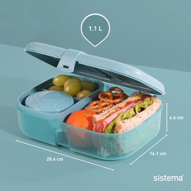 Ланчбокс Sistema Ribbon Bento з гнучкою вкладкою та контейнером для йогурту/фруктів Виготовлено з переробленого пластику 1,1 л, стиль Bento Без BPA, колір блакитно-бірюзовий