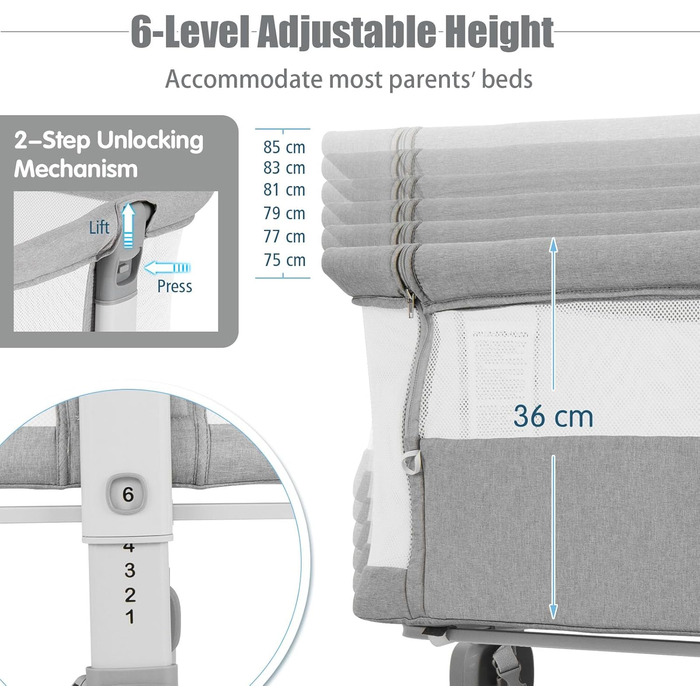 Дитяче ліжечко LIFEZEAL, 6-рівневе регулювання висоти, дитяче ліжко з матрацом та колесами, портативне дорожнє ліжечко для дітей 0-6 місяців, колиска з кошиком для зберігання (світло-сірий)