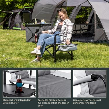 Кемпінгове крісло Skandika Tepsa Зручне розкладне крісло зі столиком та відділенням-холодильником, до 150 кг, складне, з підсклянником Розкладне крісло для кемпінгу, наметів, фестивалів, риболовлі, пляжу, сіре