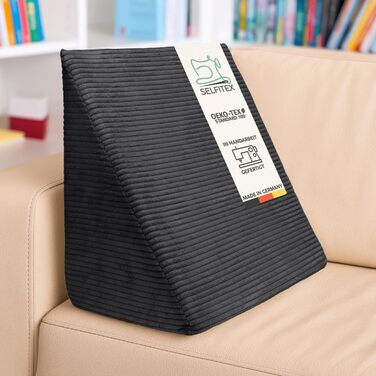 Широкополосна вельветова клиноподібна подушка Selfitex 60x50x30 см, Виготовлено в Німеччині, зручна подушка для читання, подушка для спини, ергономічна форма, подушка для ніг зі стійкої піни, знімний чохол, легке чищення (антрацит) Широкополосна вельветов
