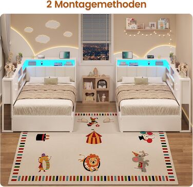 М&39яке ліжко/диван-ліжко 90x200 зі світлодіодним освітленням, зарядною станцією, кушеткою, дитячим ліжком з 2 шухлядами та металевим рейковим каркасом, узголів&39ям з місцем для зберігання, відкритими полицями, шафою, біле 90 x 200 см