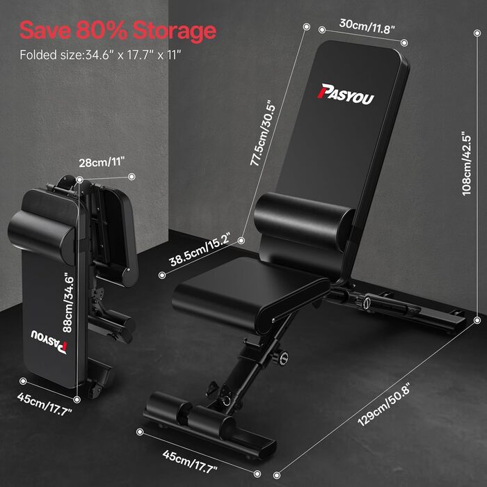 Регульована лава для штанги PASYOU з багатофункціональною тренувальною лавкою на 90 градусів, похила лава, швидко складана лава для жиму лежачи для домашнього використання, вантажопідйомність 400 кг, стійка для штанги